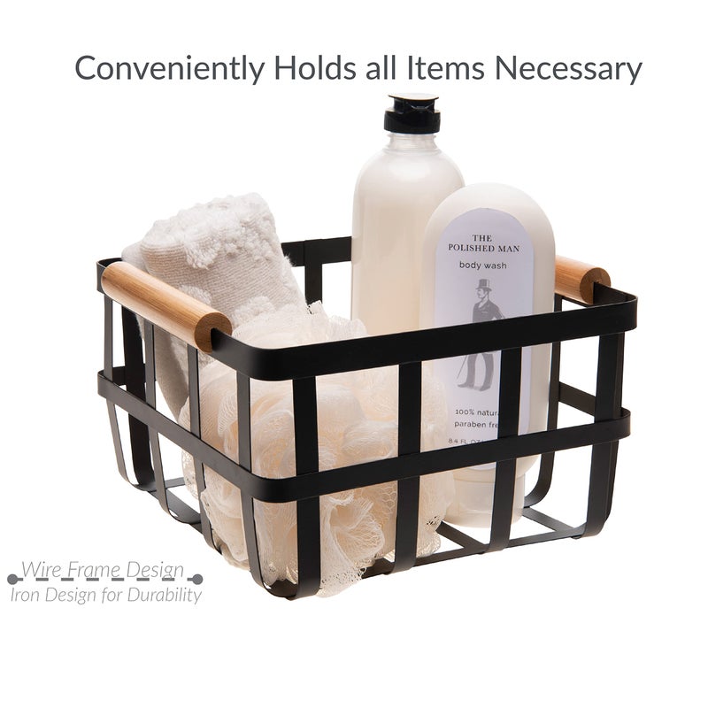 Simplify Square Metal Storage Basket with Bamboo Handles | Medium | Farmhouse Style Wire Basket | Home Organizer | Decorative | Rustic | Black - Image 4